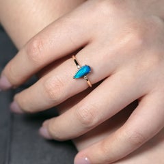 Deep Blue Pear Shaped Australian Black Opal Diamond Ring 14K Yellow Gold