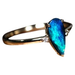 Deep Blue Pear Shaped Australian Black Opal Diamond Ring 14K Yellow Gold