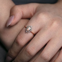 Australian Opal Sunburst Ring, 14K White and Yellow Gold Diamond Halo Ring