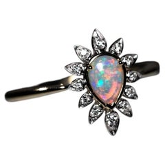Australian Opal Sunburst Ring, 14K White and Yellow Gold Diamond Halo Ring