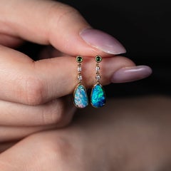 Stylish Australian Doublet Opal Diamond Tsavorite Drop Earrings 14K Yellow Gold