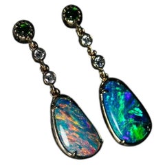Stylish Australian Doublet Opal Diamond Tsavorite Drop Earrings 14K Yellow Gold
