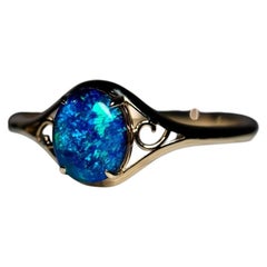 Starry Sky Deep Blue Doublet Opal Engagement Ring 14K Yellow Gold