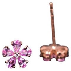 Pink Sapphire Diamond Sakura Cherry Blossom Flower Stud Earrings 14K Rose