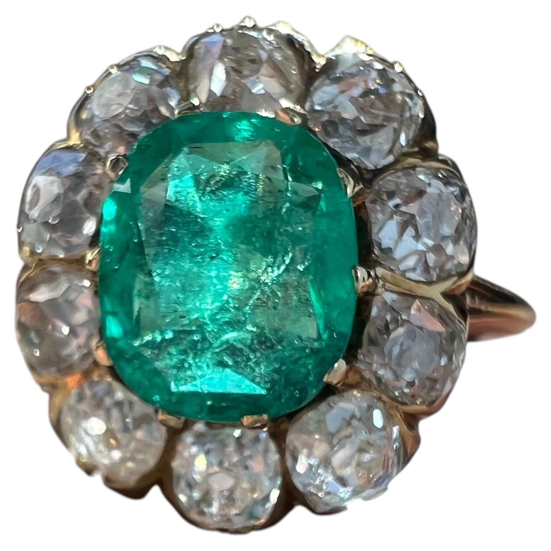 Victorian GIA Certified Colombian Emerald & Old Mine Cut Diamond Ring