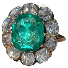 Victorian GIA Certified Colombian Emerald & Old Mine Cut Diamond Ring