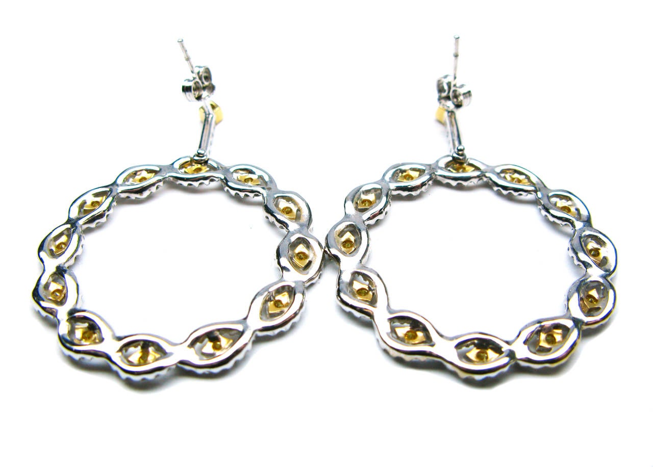 Contemporary 3.74 Carat Yellow Princess and White Pave Diamond Circle Earrings