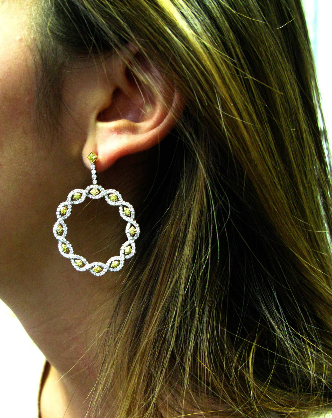 Princess Cut 3.74 Carat Yellow Princess and White Pave Diamond Circle Earrings
