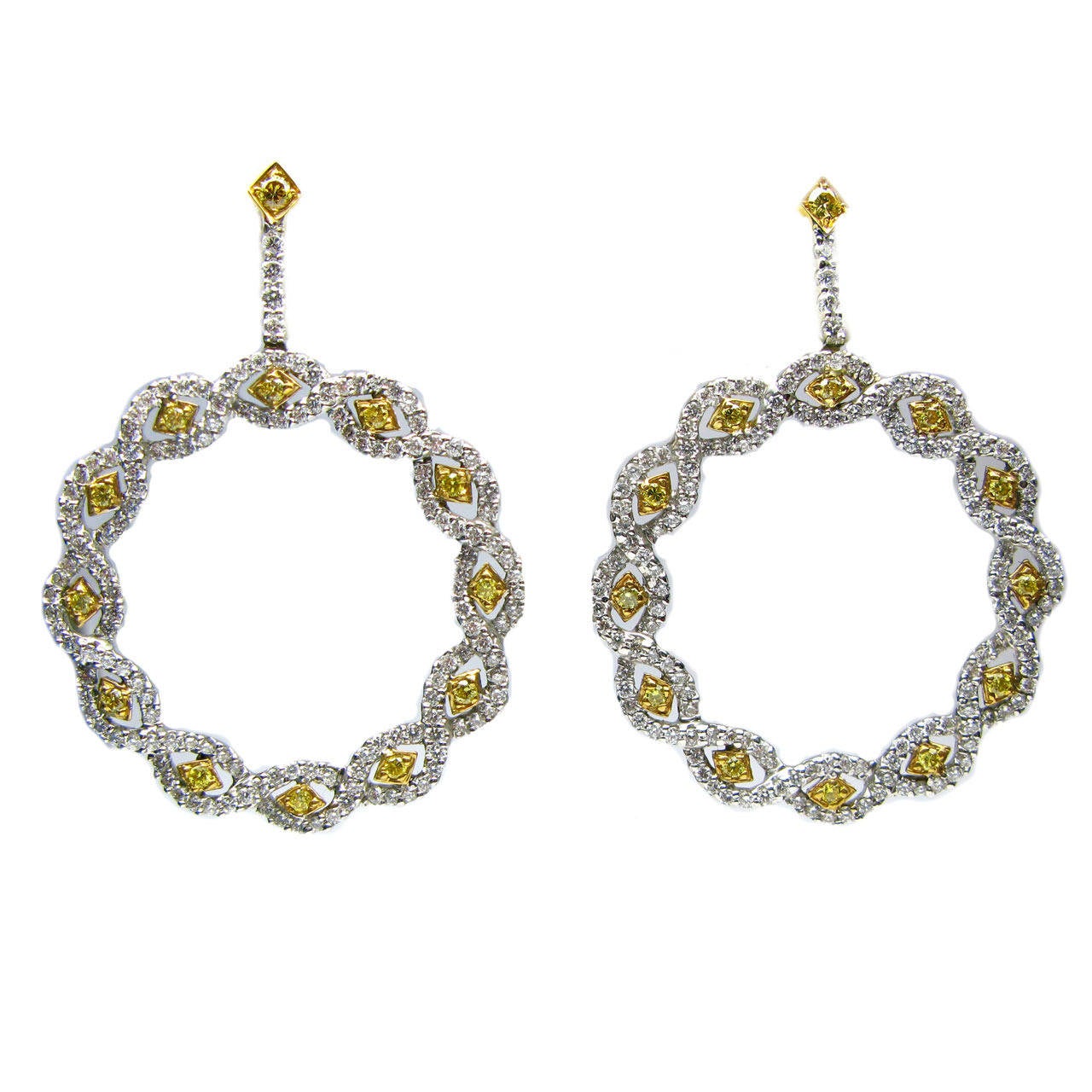 3.74 Carat Yellow Princess and White Pave Diamond Circle Earrings
