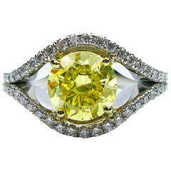 1.64 Carat Fancy Yellow Round Brilliant Diamond Gold Platinum Ring