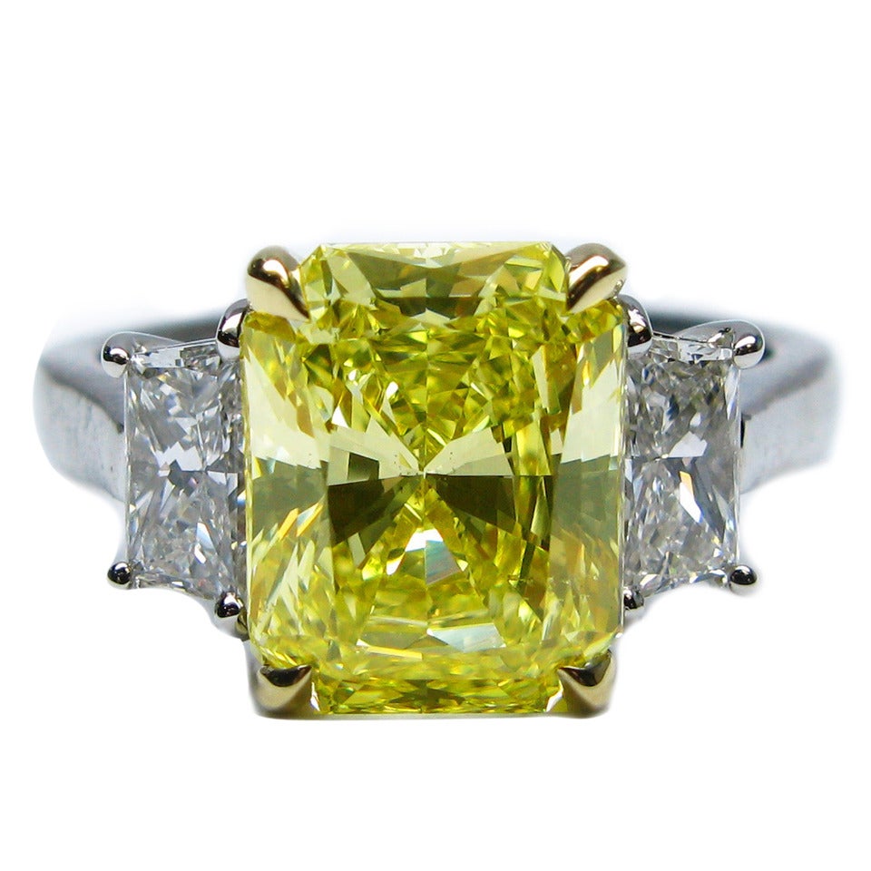 J. Birnbach 2.96 Carat Fancy Intense Yellow Radiant Diamond Gold Platinum Ring For Sale