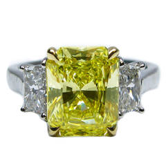 2.96 Carat Fancy Intense Yellow Radiant GIA Cert Diamond Gold Platinum Ring 3