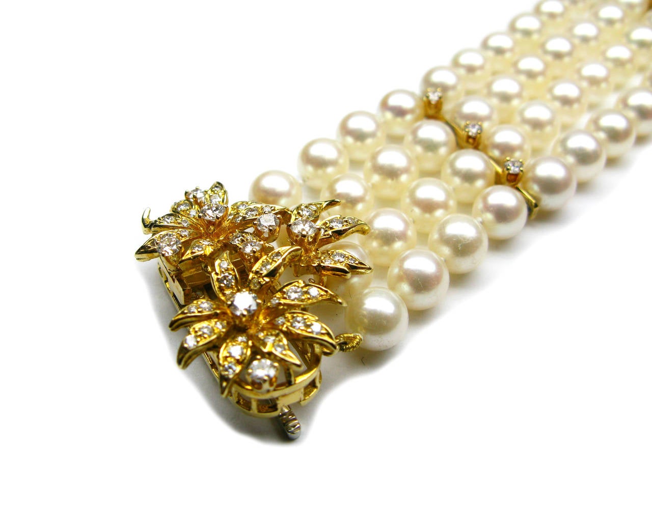 Kurt Wayne Pearl & Diamond Gold Flower Bracelet In New Condition In New York, NY