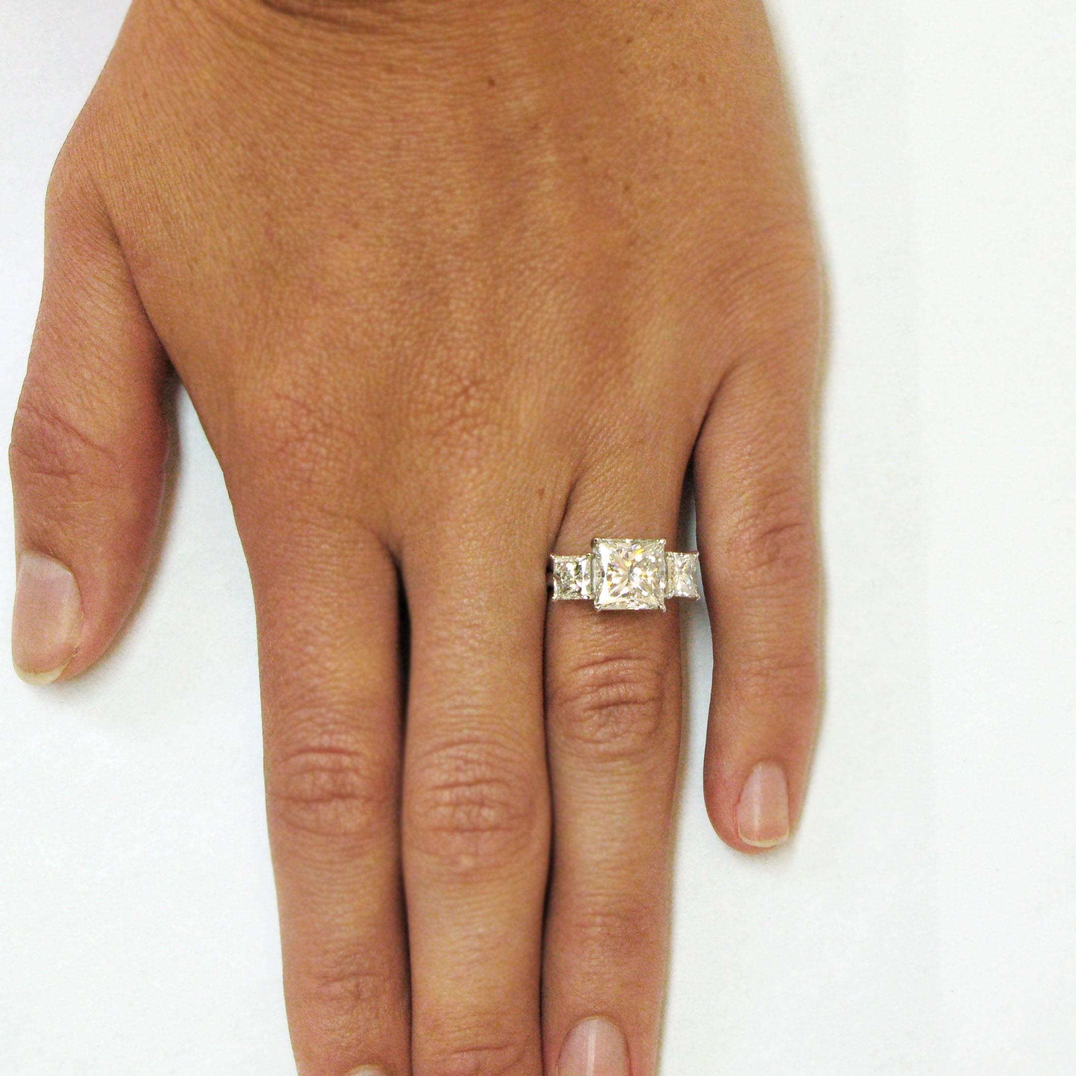 3.20 Carat GIA Cert Princess Cut Diamond Platinum Three Stone Ring 1