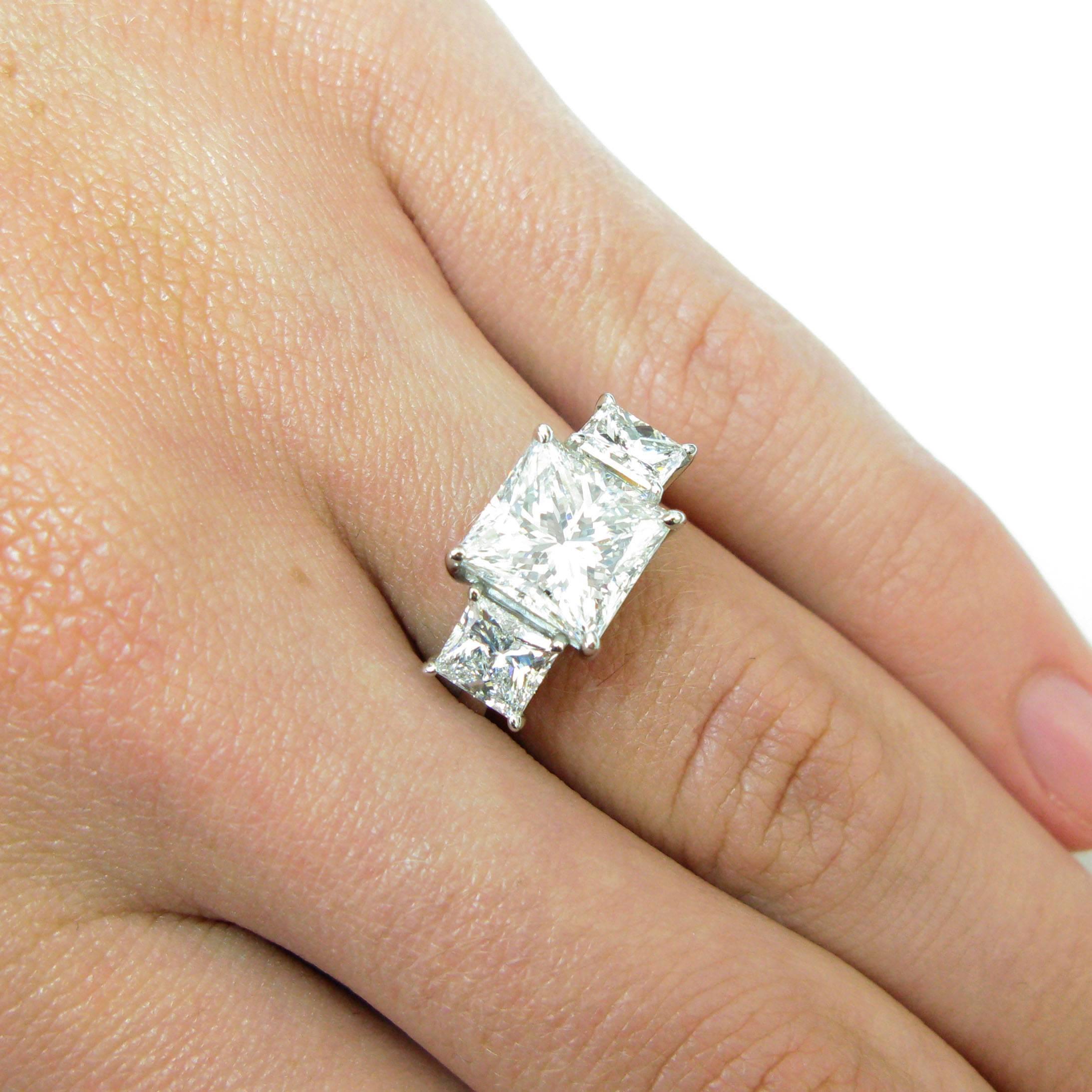 3.20 Carat GIA Cert Princess Cut Diamond Platinum Three Stone Ring 2