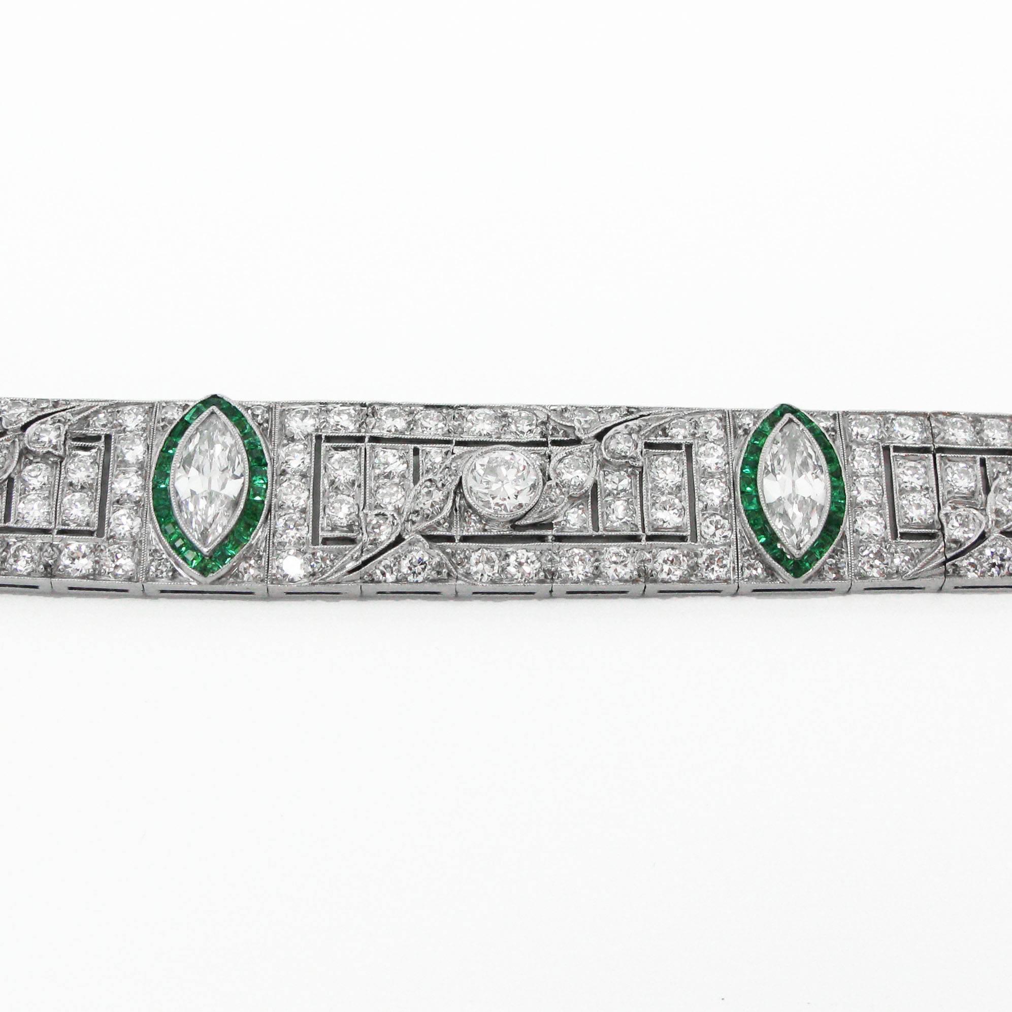 Women's Art Deco Platinum, Diamond and Emerald Bracelet