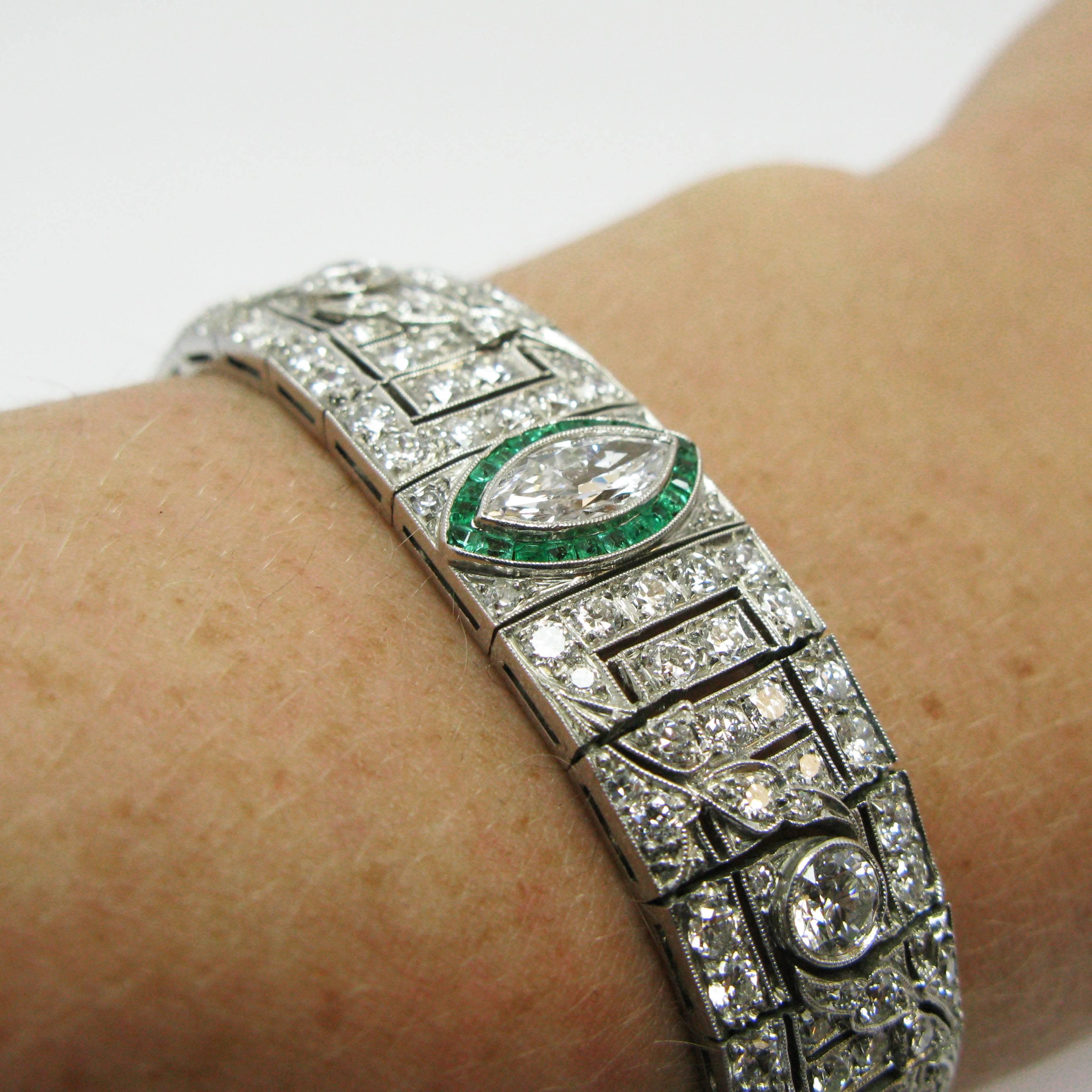Art Deco Platinum, Diamond and Emerald Bracelet 1
