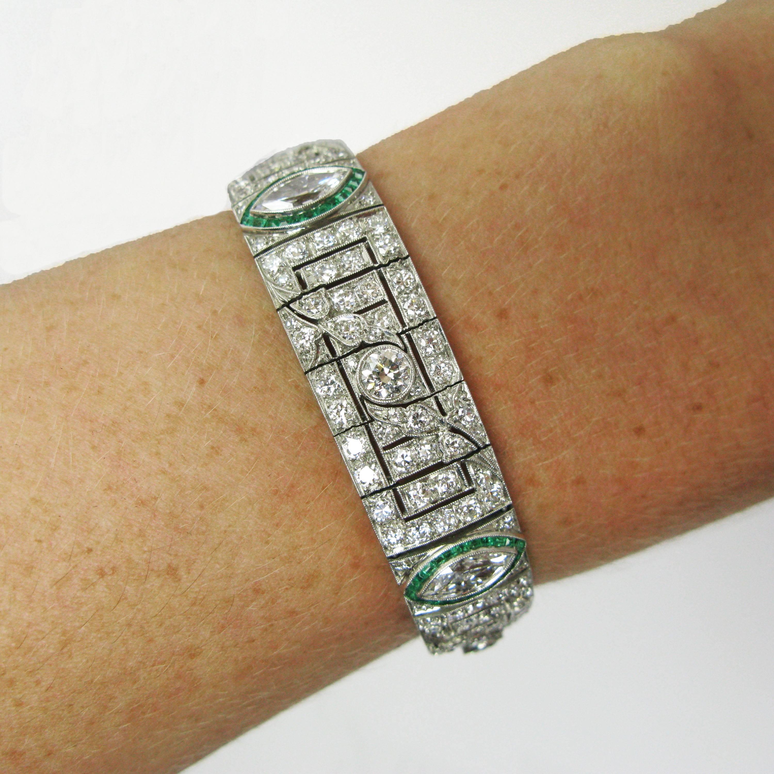 Art Deco Platinum, Diamond and Emerald Bracelet 2
