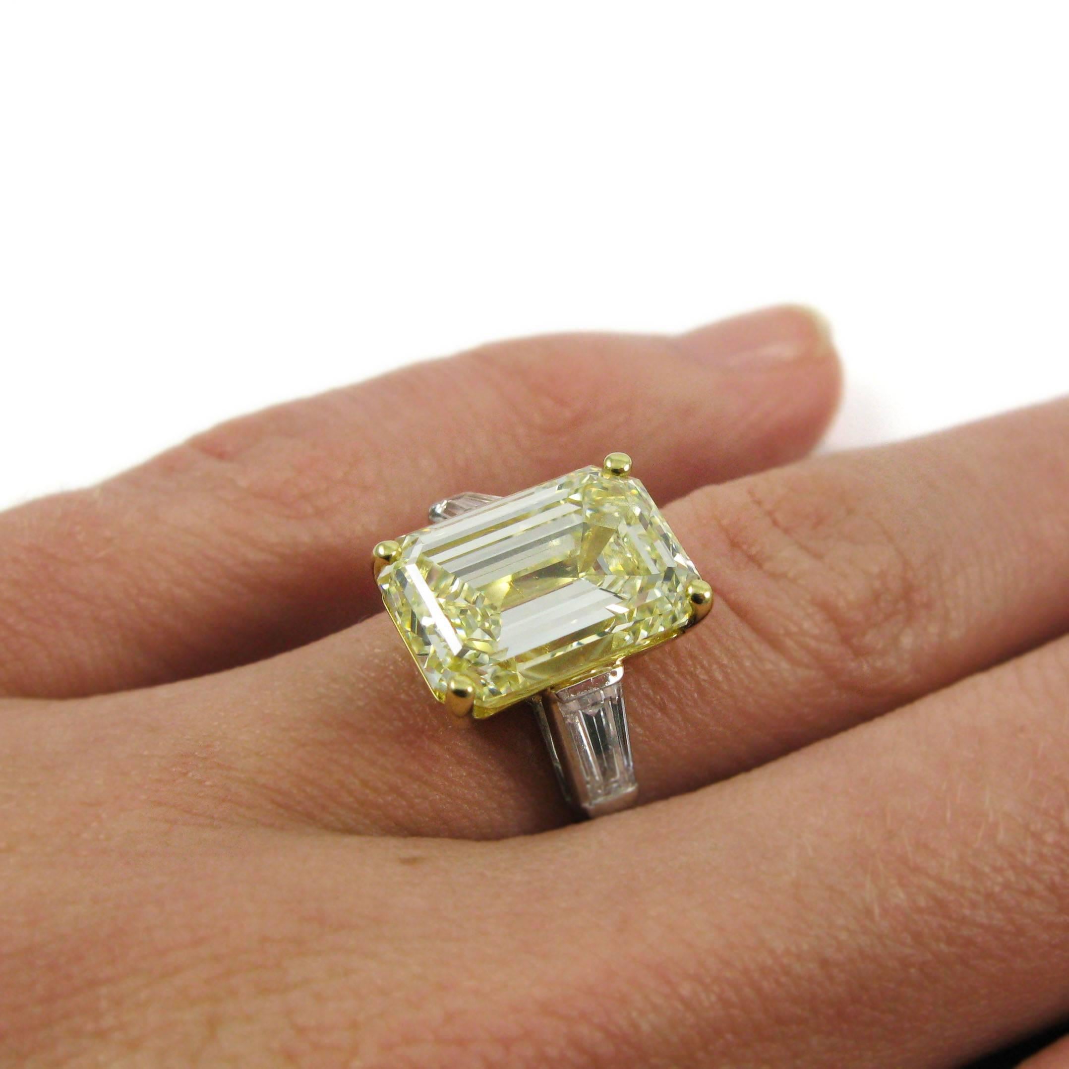 Women's GIA Cert 6.69 Carat Fancy Yellow Emerald Cut Classic Diamond Ring 