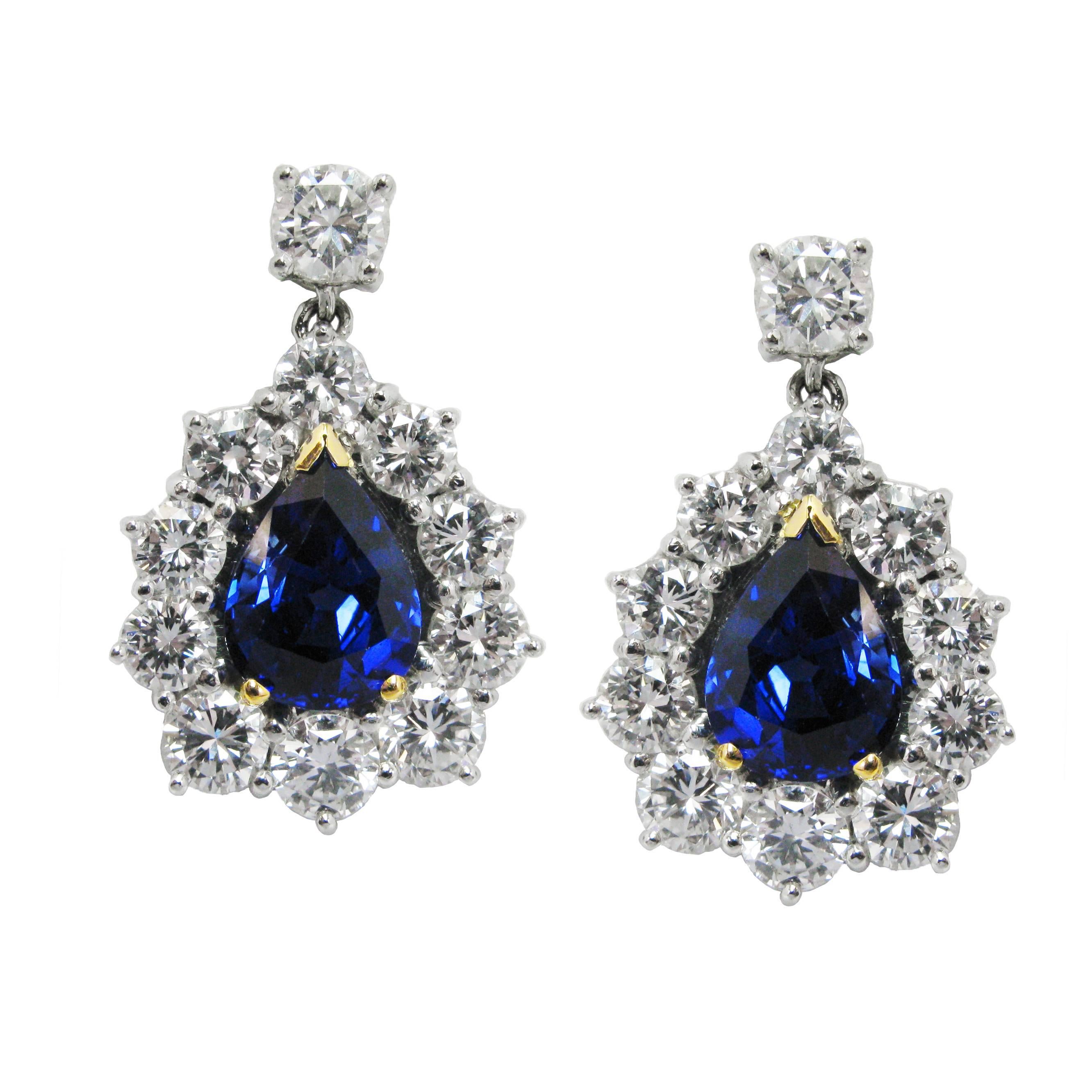"Royal Blue" Sapphire and Diamond Drop Earrings 