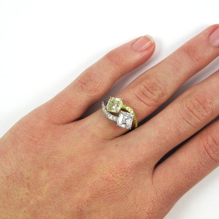 Gia Certified Fancy Yellow And White Asscher Cut Diamonds Moi Et Toi Ring For Sale At 1stdibs