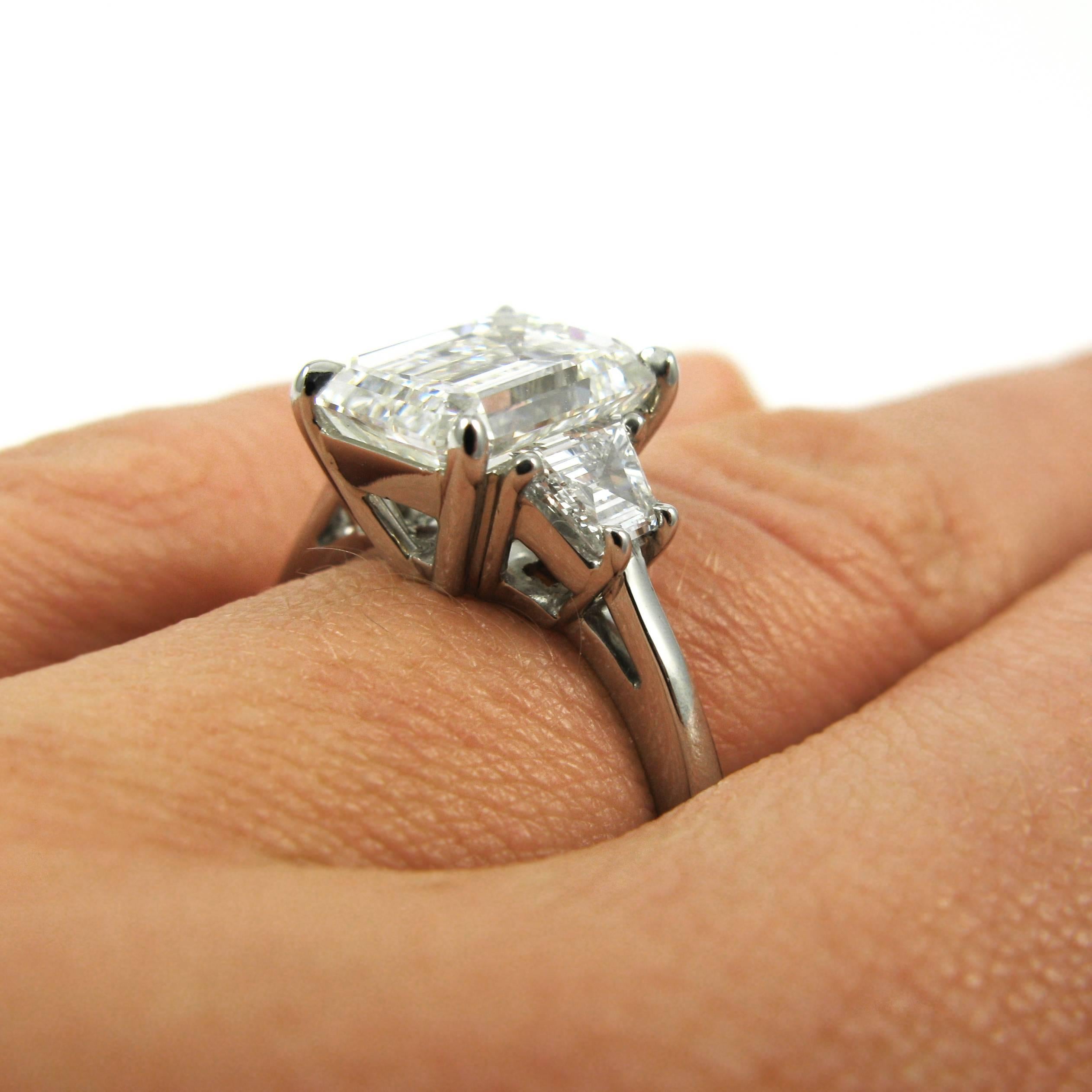 3.21 Carat GIA Emerald Cut Diamond Platinum Three-Stone Ring 2