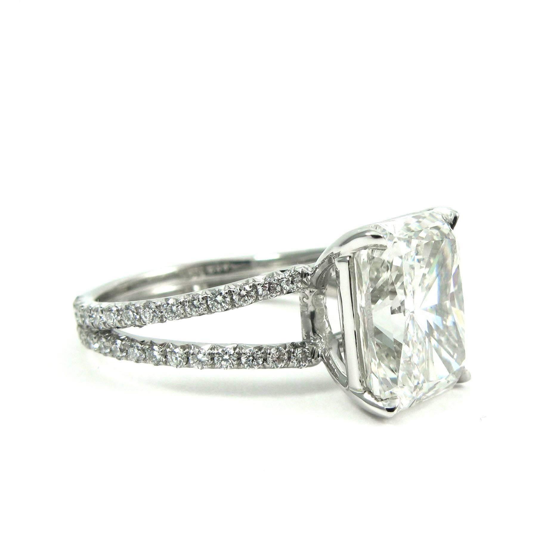 radiant cut split shank engagement ring