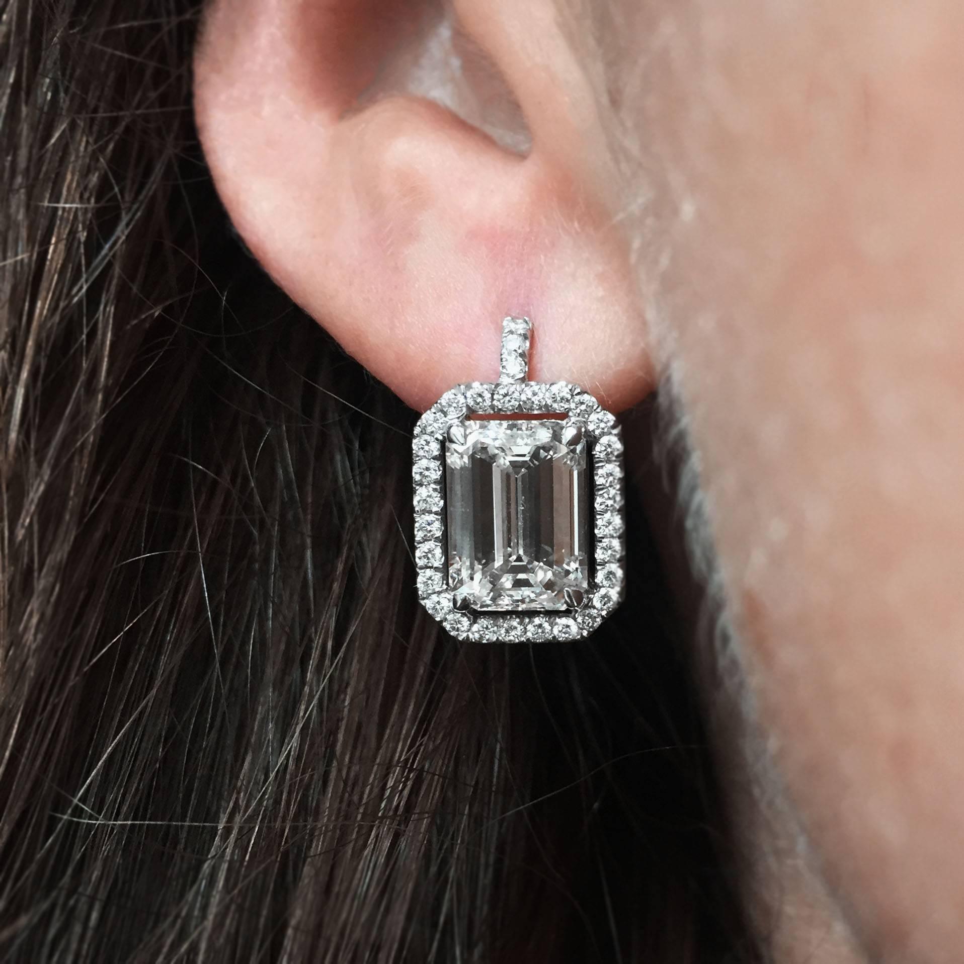 Women's or Men's 7.75 Carat Emerald Cut Diamond Pave Frame Drop Earrings EGL Certified
