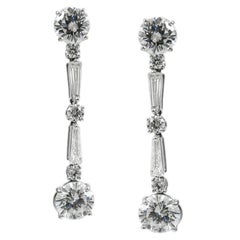 Round and Baguette Cut Diamond and White Gold Line Drop Earrings 6