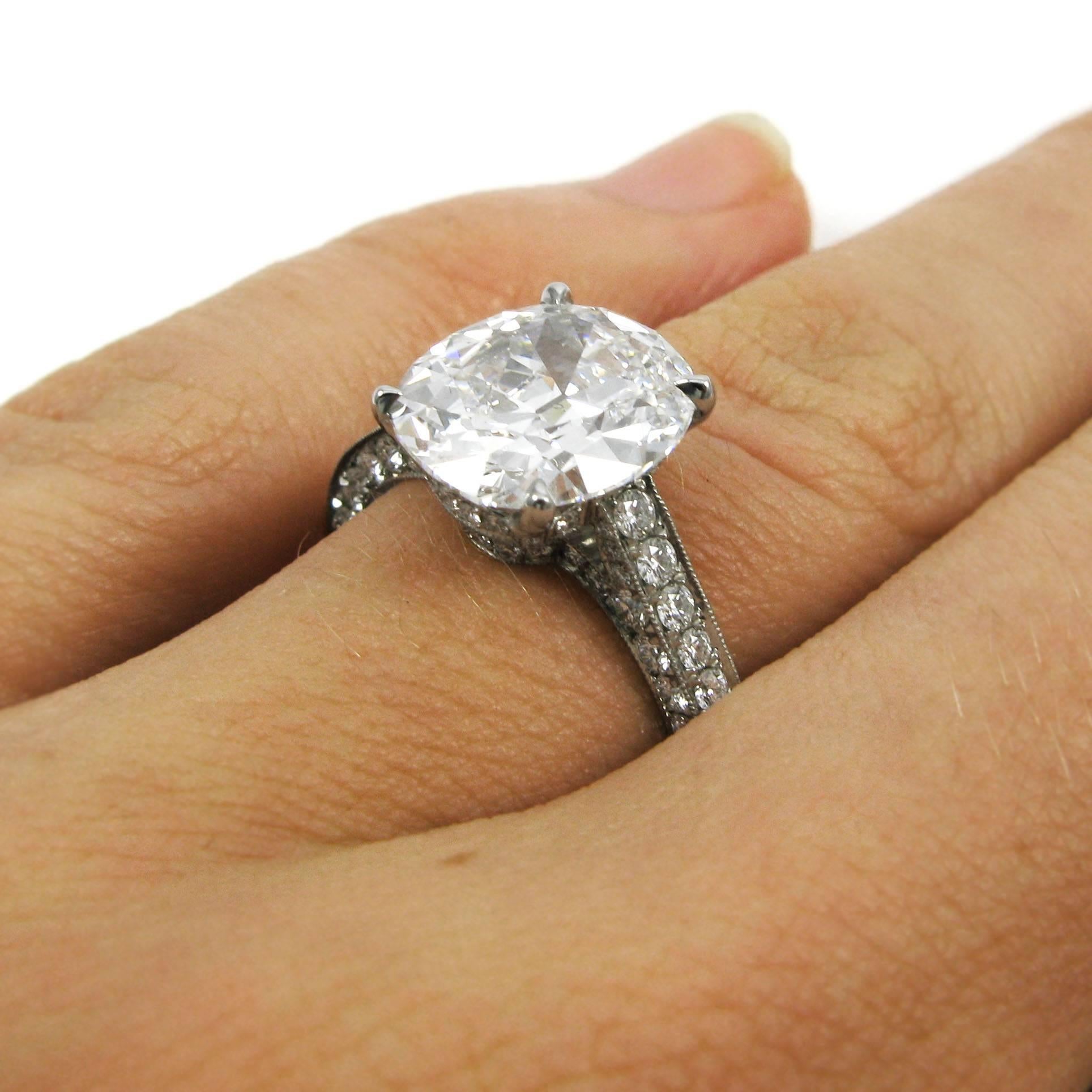 Women's GIA Certified 3.15 Cushion Cut Diamond Platinum Pave Engagement Ring
