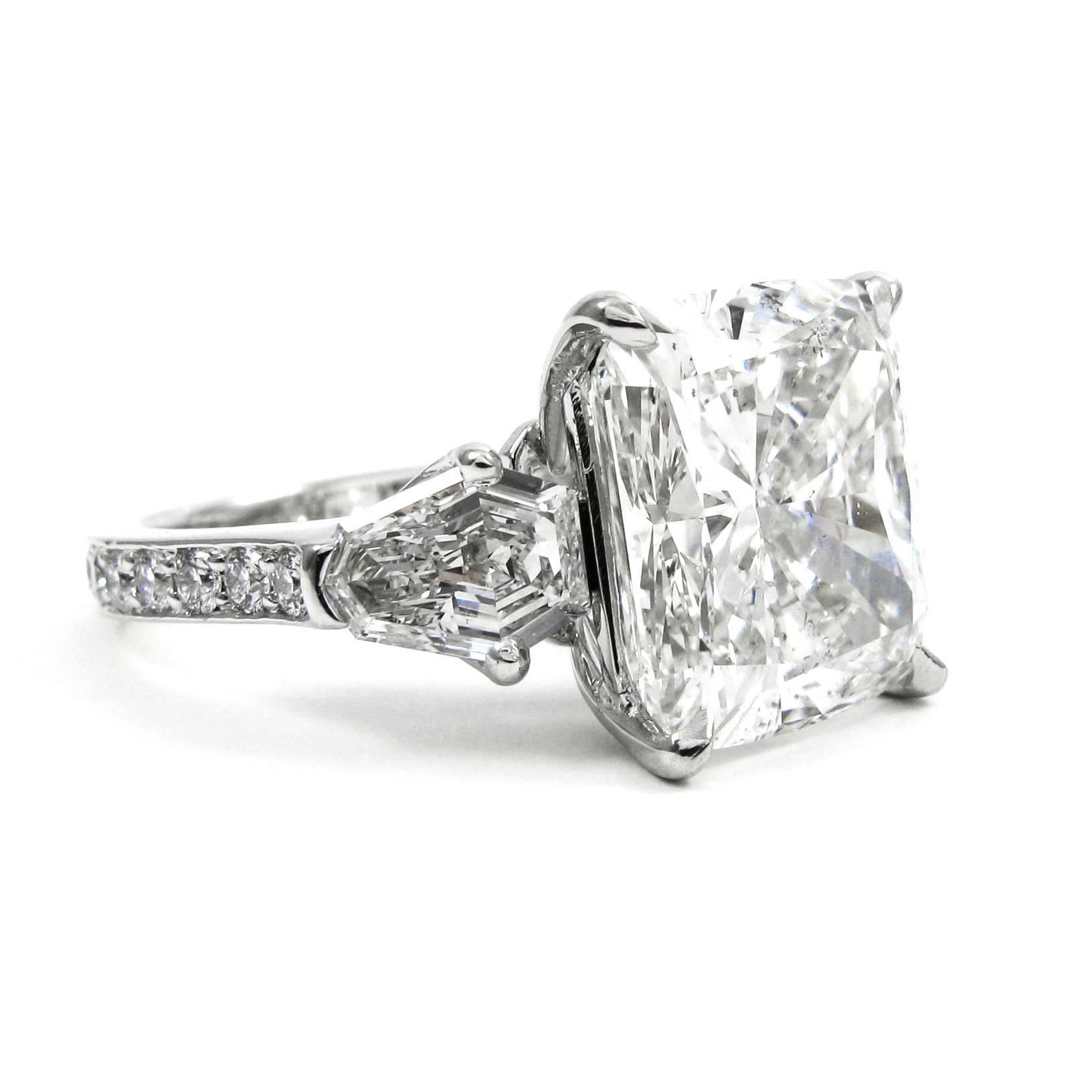 GIA Certified 8.44 Carat Cushion Diamond Platinum Three-Stone Ring by J Birnbach In Excellent Condition In New York, NY