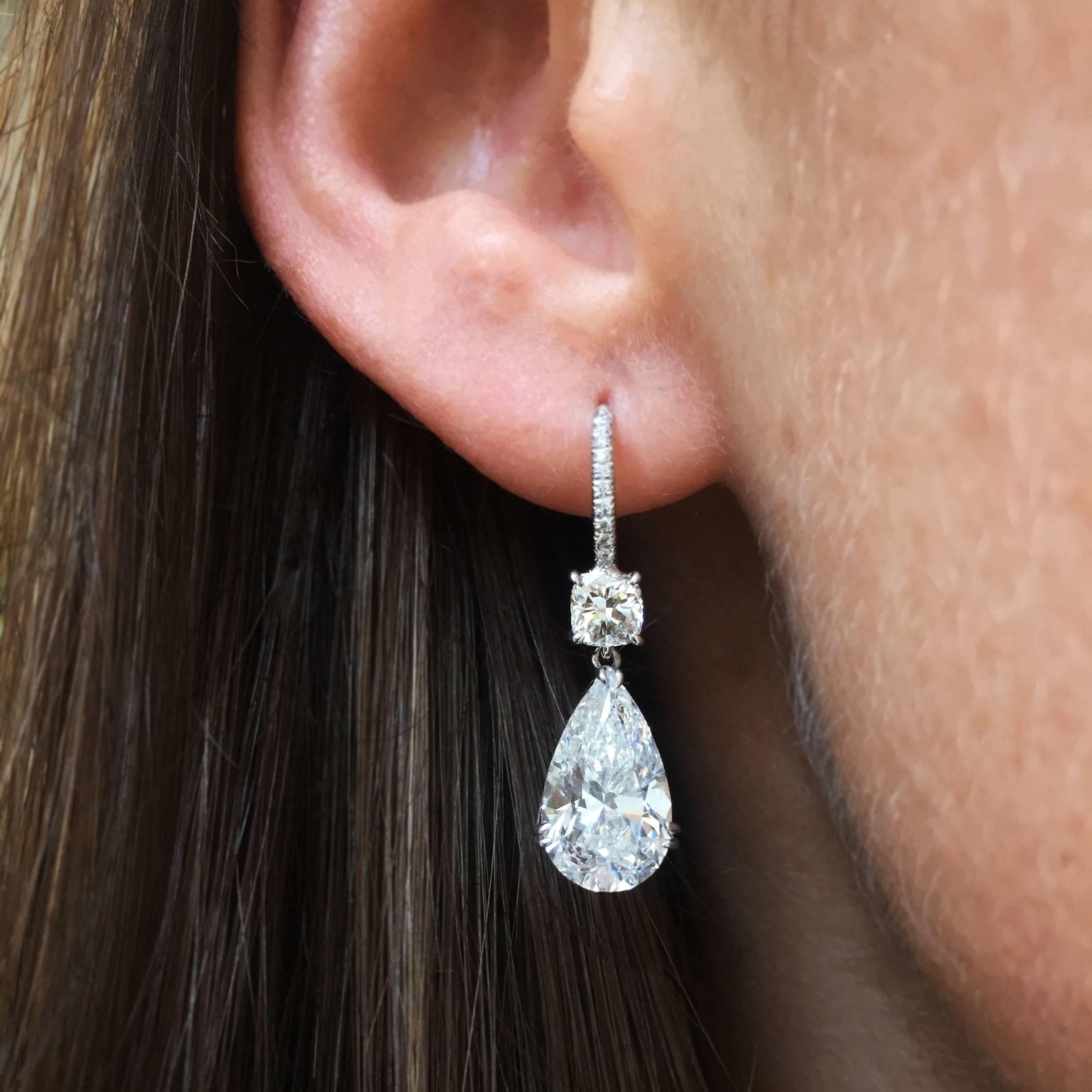 Women's or Men's 6.98 Carat Total GIA Certified D Color Pear Diamond Drop Earrings by J. Birnbach