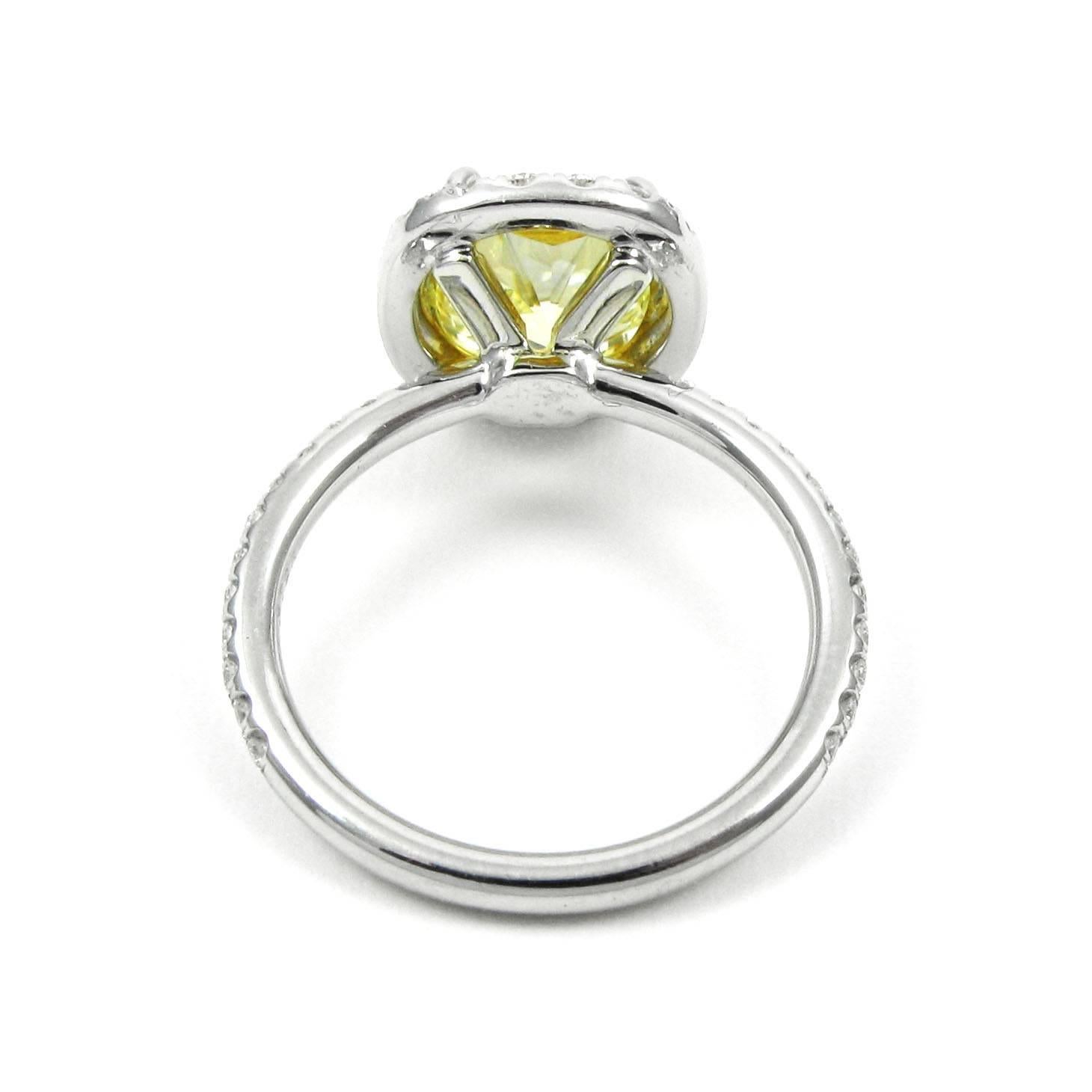 2.39 Carat Fancy Yellow Radiant Cut Diamond Pave Halo Ring 1