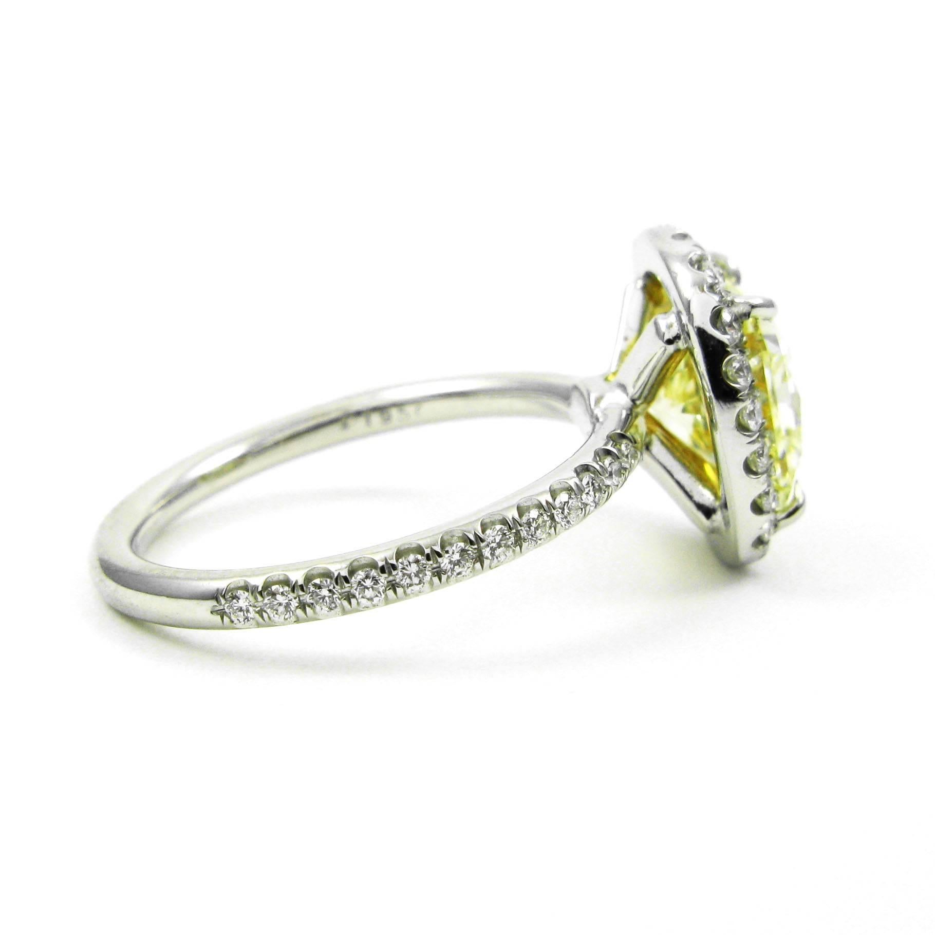 Women's or Men's 2.39 Carat Fancy Yellow Radiant Cut Diamond Pave Halo Ring