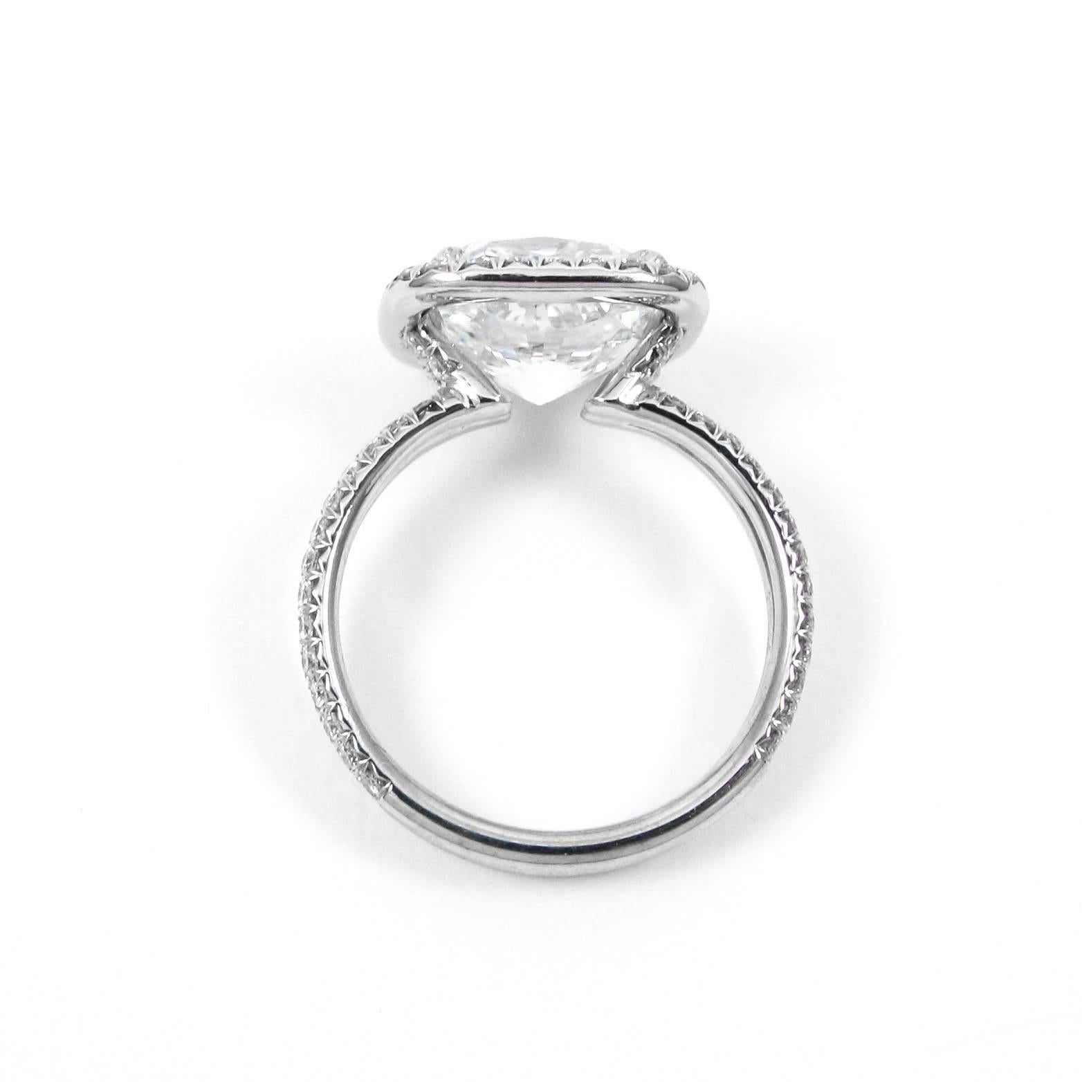 Women's or Men's GIA Certified 4.54 Carat Cushion G VS2 Diamond Platinum Pave Halo Ring