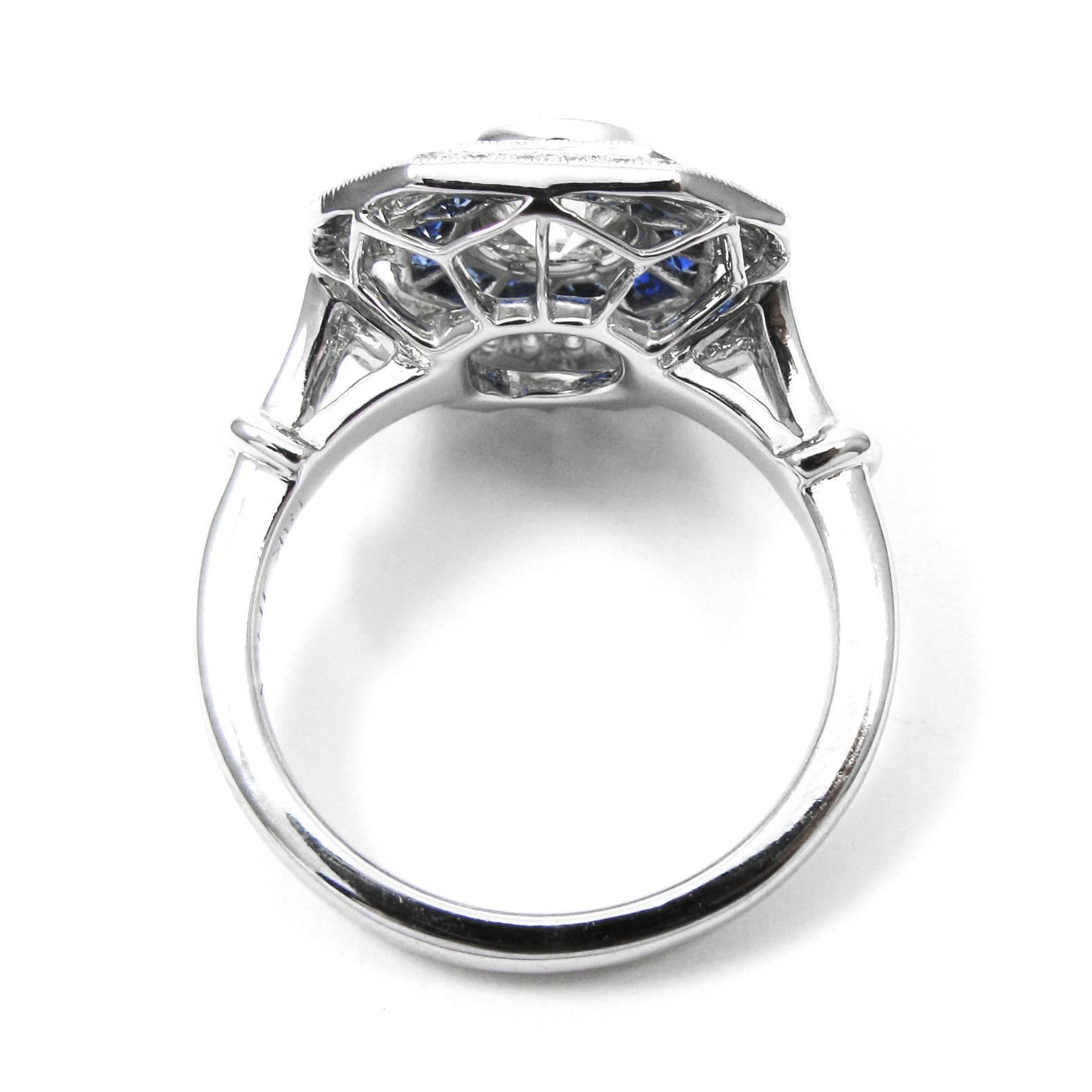 Women's or Men's Old European Cut Diamond Sapphire White Gold Dinner Ring