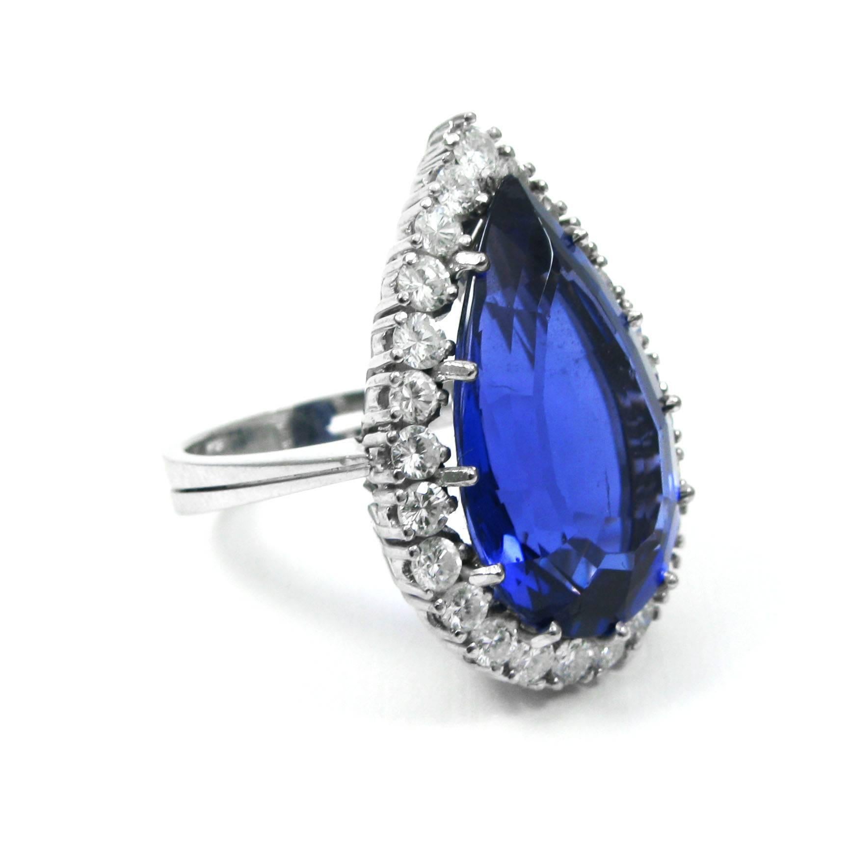 Pear Cut 13.75 Carat Pear Tanzanite and Diamond Cocktail Ring White Gold