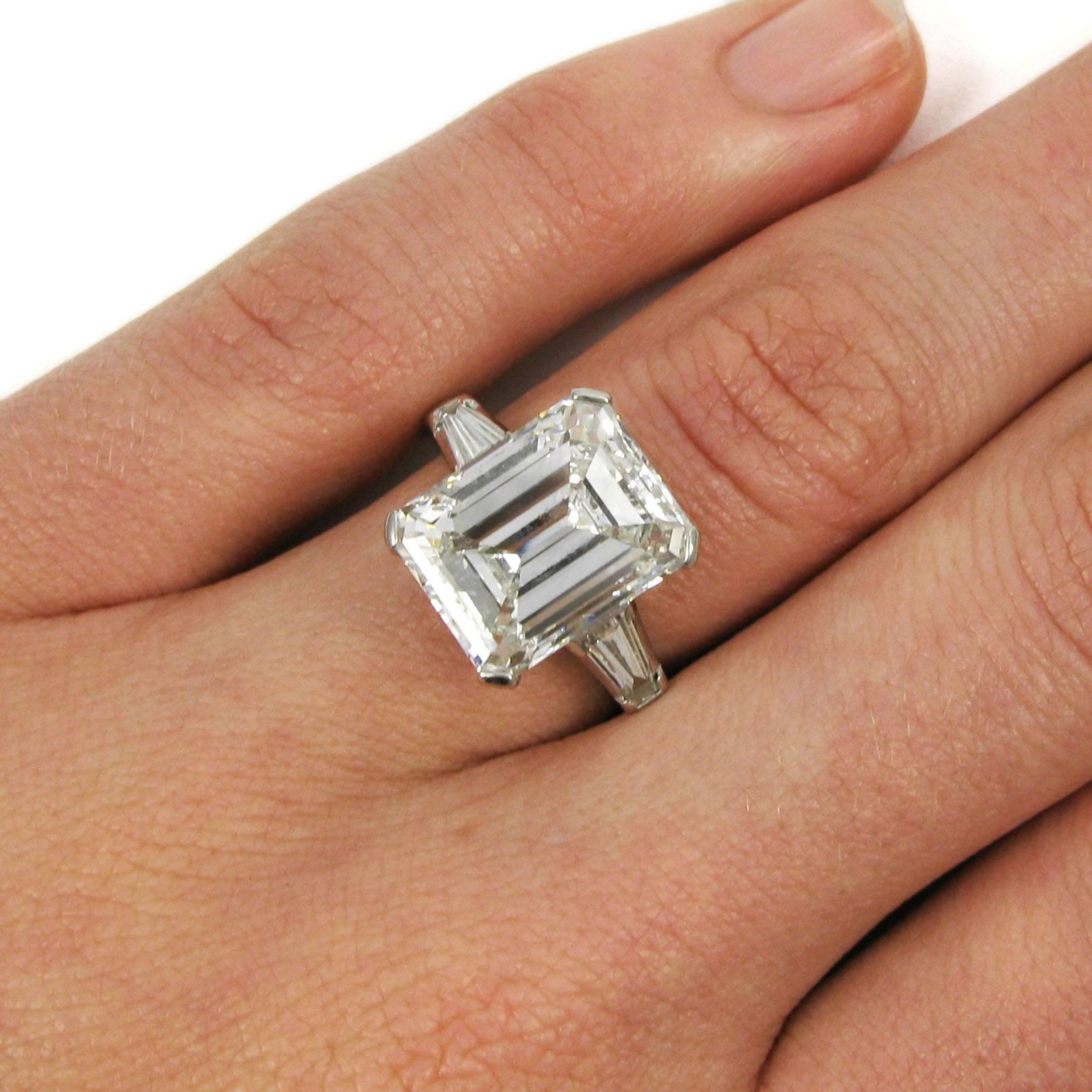 A stunning 7.20 carat emerald-cut J. Birnbach diamond with F color and VVS2 clarity is set into a classic style ring accented by two tapered baguette-cut diamonds totaling approx. 0.90 carat. Mounted in platinum. 

Purchase includes GIA Diamond
