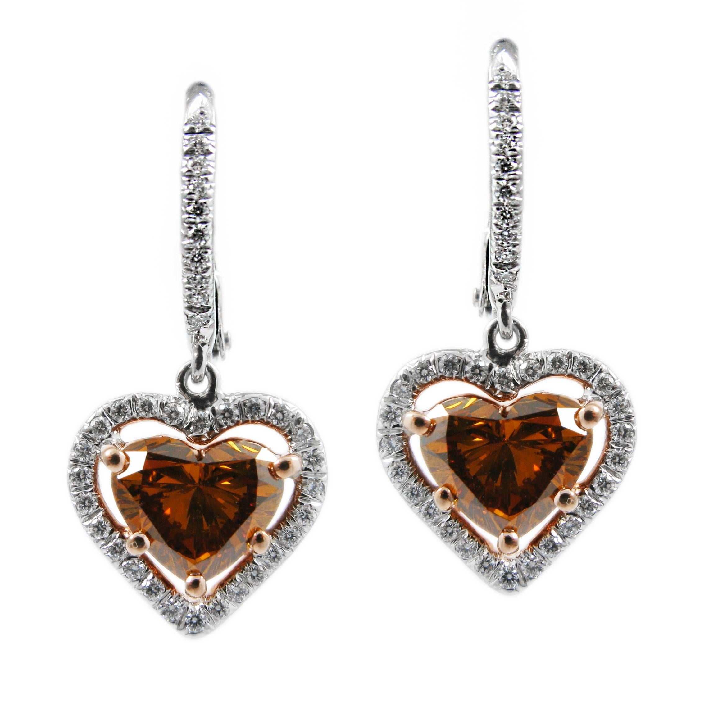 Fancy Colored Certified Diamond Heart Shape Drop Halo Earrings White Gold