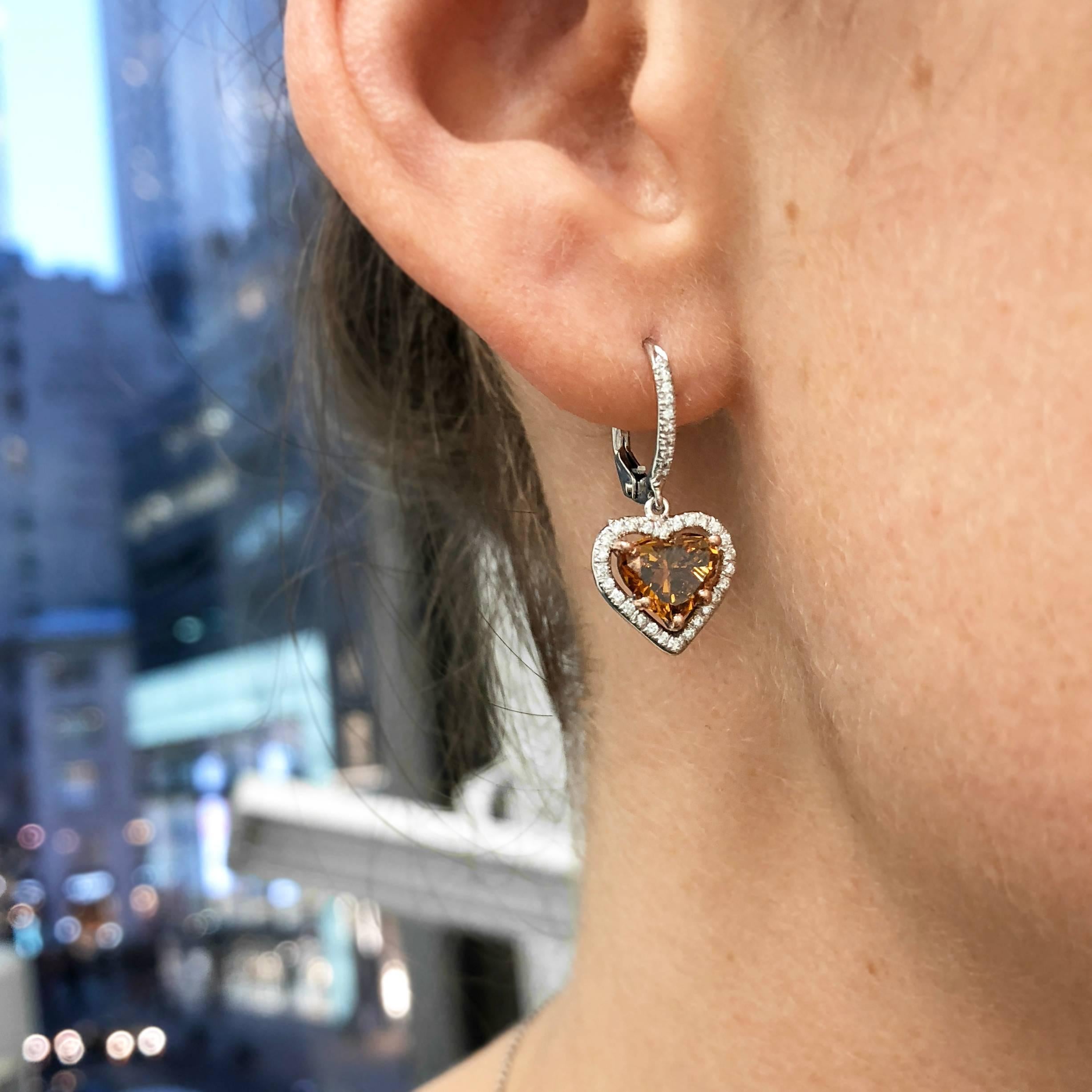 Fancy Colored Certified Diamond Heart Shape Drop Halo Earrings White Gold In Excellent Condition For Sale In New York, NY