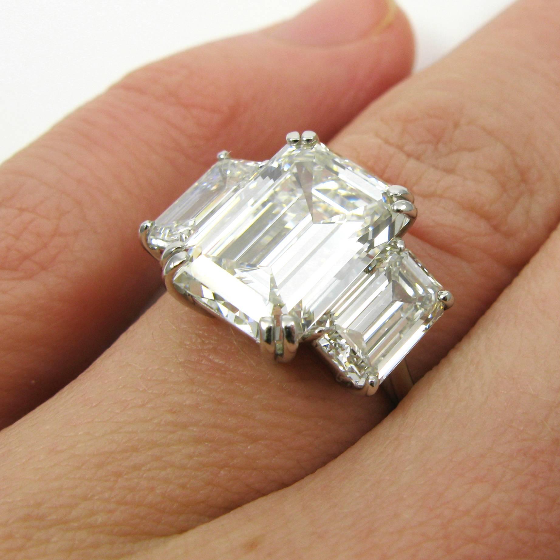 7.08 Carat Total Three-Stone Emerald Cut Diamond and Platinum Ring GIA 2