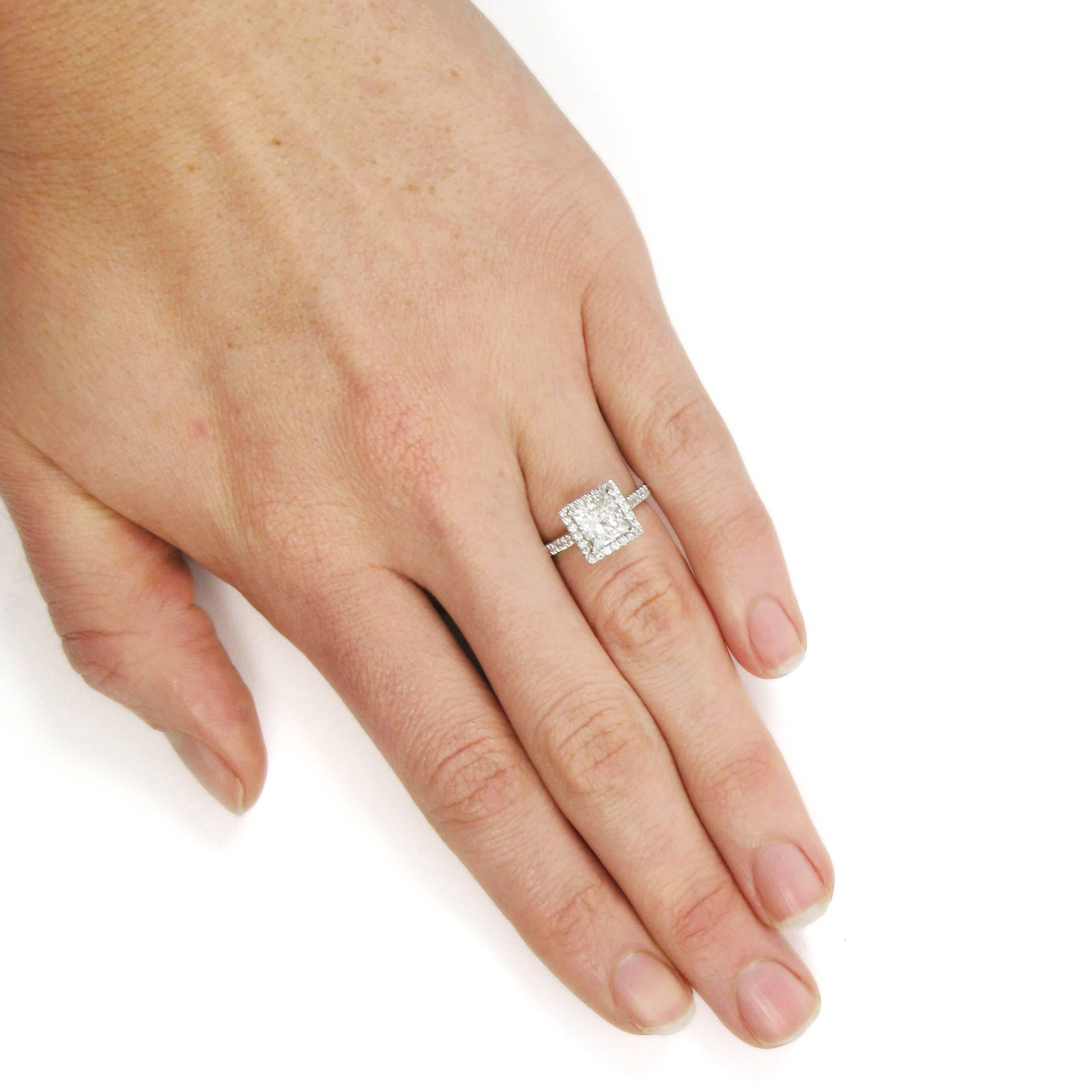 Women's or Men's GIA Certified 1.50 Carat Princess Cut Diamond Platinum Halo Frame Pave Ring