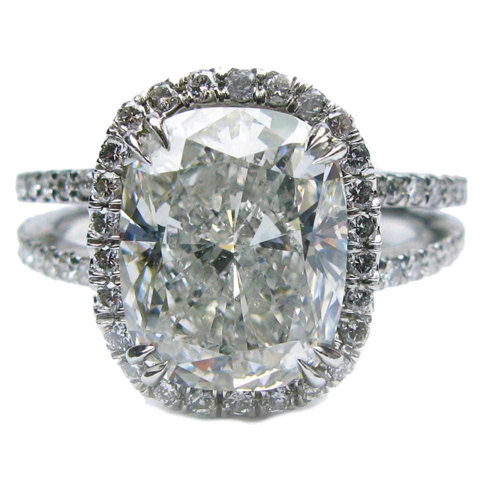 4.01 Carat GIA Cert Cushion Cut Diamond Platinum Halo Ring