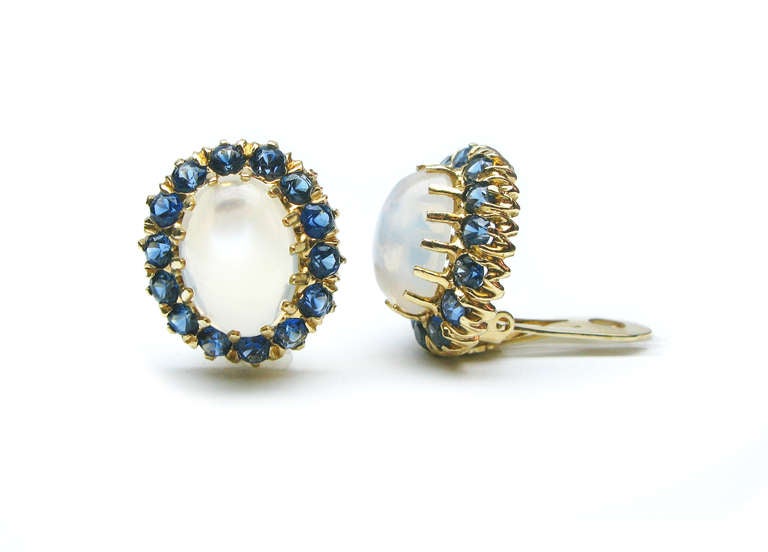 Sapphire and Moonstone Earrings In Excellent Condition In New York, NY