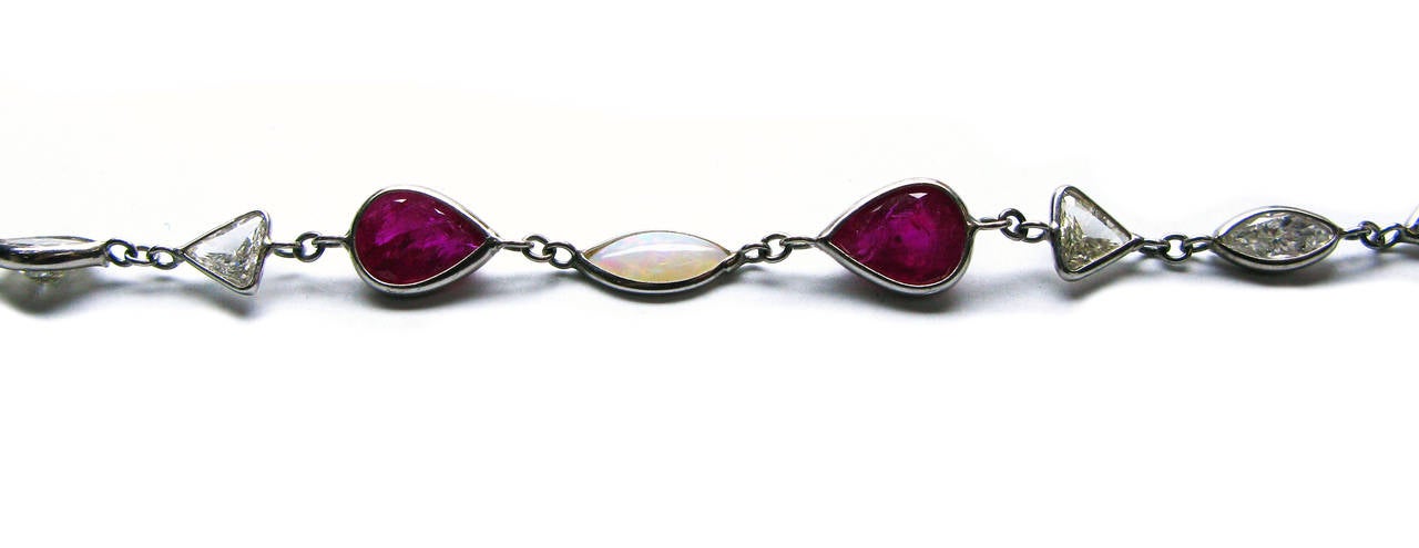 Women's Ruby Opal Diamond Platinum Bezel Necklace