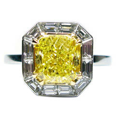 3.29 Carat Fancy Intense Yellow Radiant Diamond Platinum Ring
