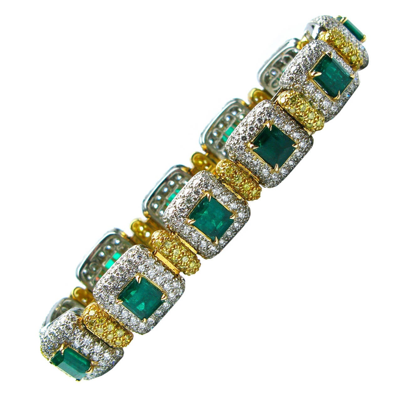 J. Birnbach 9.63 ct Emerald Bracelet with White and Fancy Yellow Pave Diamonds  For Sale