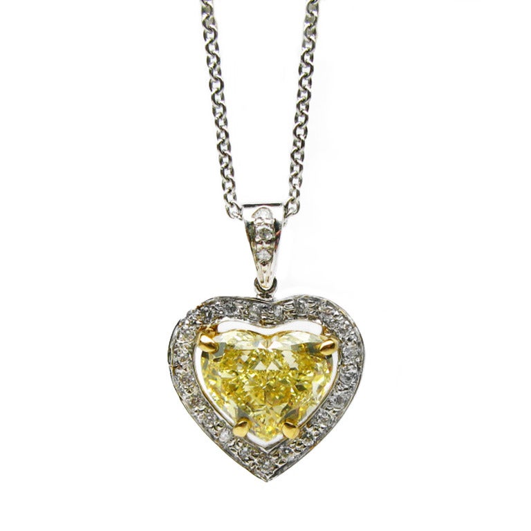 1.74 Carat GIA Certified Fancy Yellow Diamond Gold Heart Pendant