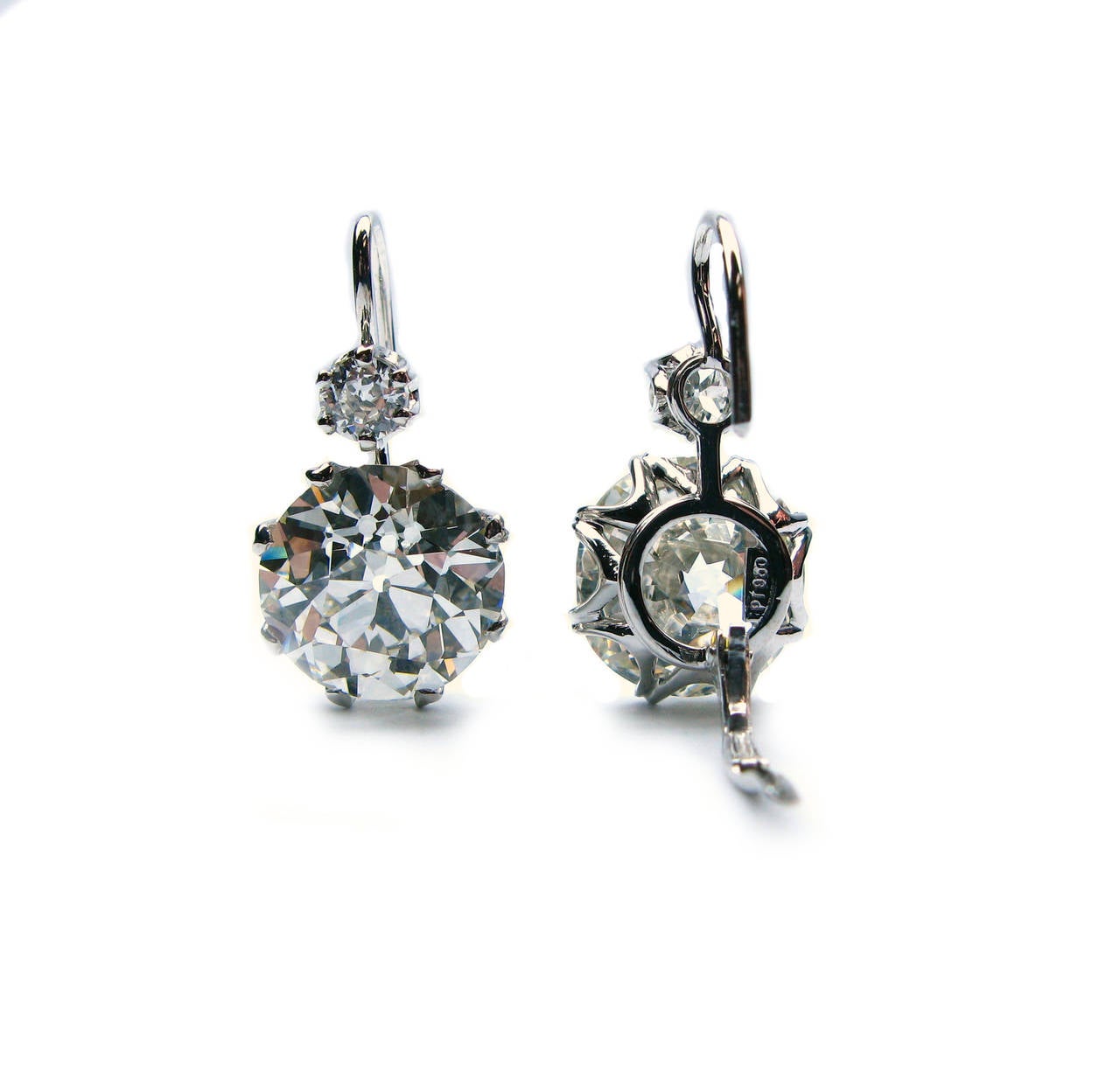 GIA Cert Old Euro Diamond Platinum Drop Earrings each drop weighs over 6.5 carat In New Condition In New York, NY