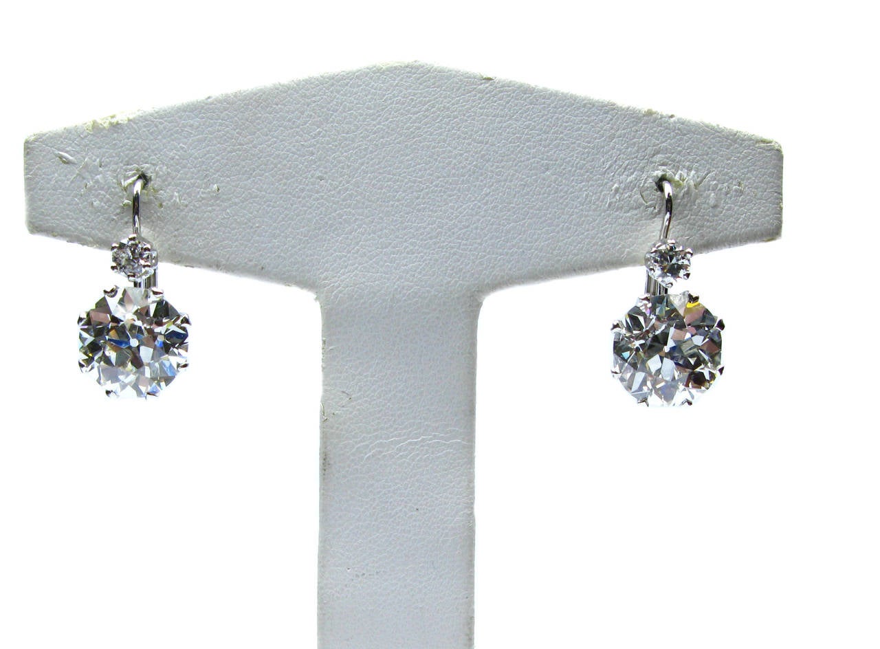 Women's GIA Cert Old Euro Diamond Platinum Drop Earrings each drop weighs over 6.5 carat